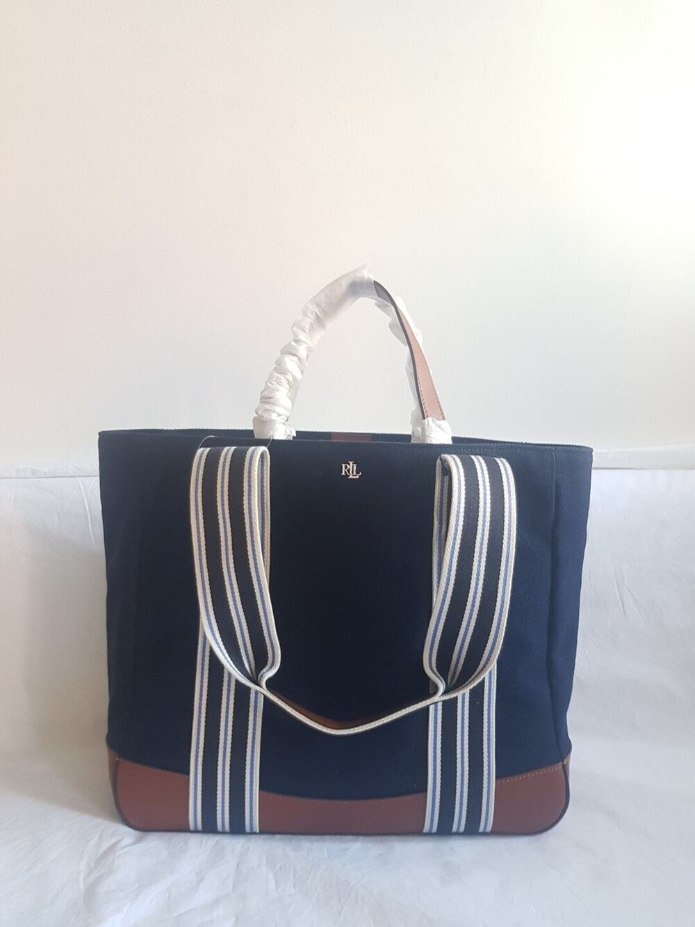 LAUREN RALPH LAUREN Canvas Large Pre-Spring Tote Bag Navy Tan Size OS $275